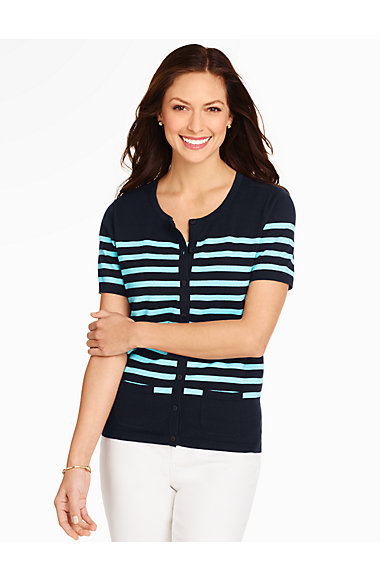 Short-Sleeve Charming Cardigan - Colorblocked Stripes - Talbots