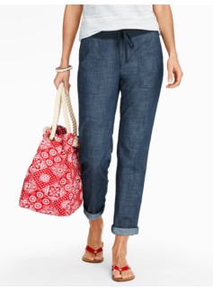 Chambray Drawstring Roll-Cuff Ankle Pants