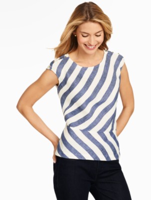 Linen Peplum Blouse - Bias Stripes